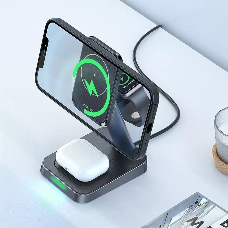 I Acefast 15W Qi Wireless Charger für iPhone (mit MagSafe), Apple Watch und Apple AirPods Stand Stand Magnethalter schwarz (E3 schwarz) #60053-uniw