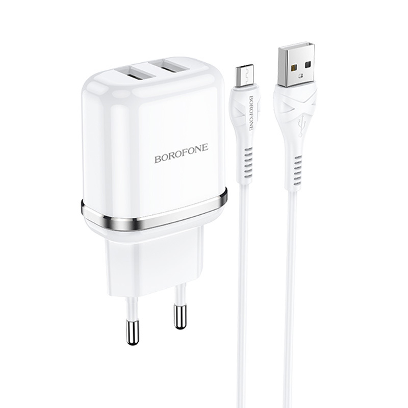 I Borofone Ładowarka sieciowa DBN4 Aspiring - 2xUSB - 2,4A z kablem USB na Micro USB biała #ŁAD001500