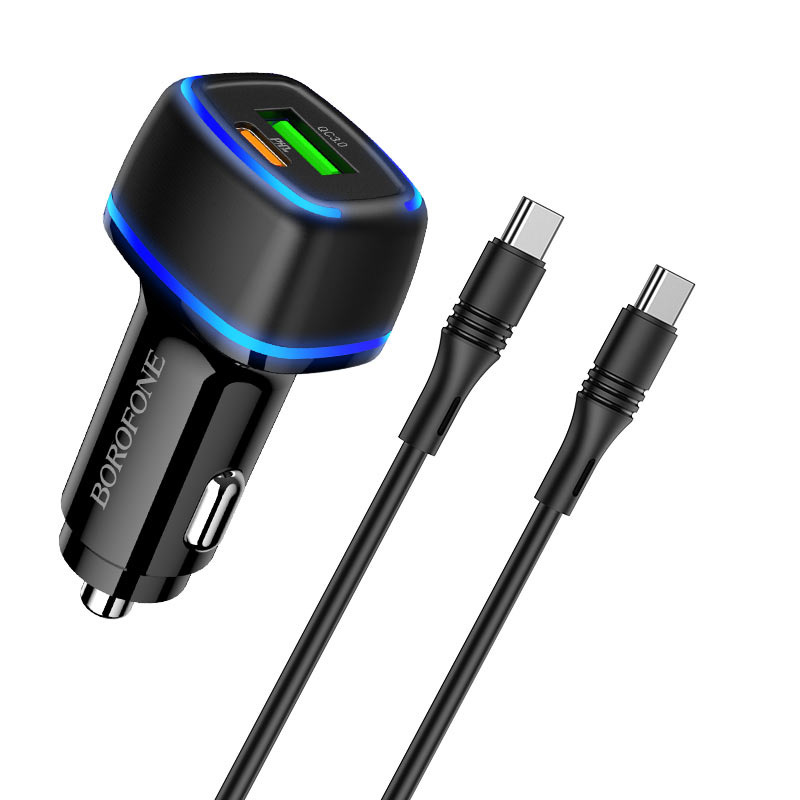 I Borofone Ładowarka samochodowa BZ14A Mercury - USB + Typ C - QC 3.0 PD 20W 3A z kablem Typ C na Typ C czarna #ŁAD001386