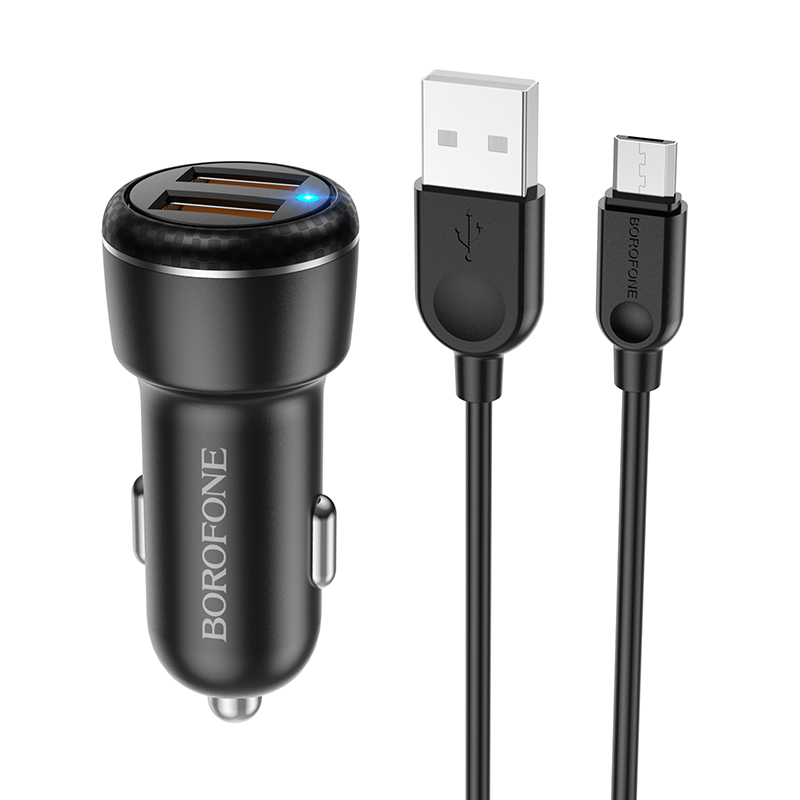 I Borofone Ładowarka samochodowa BZ17 Core - 2xUSB - QC 3.0 18W z kablem USB na Micro USB czarna #ŁAD001497