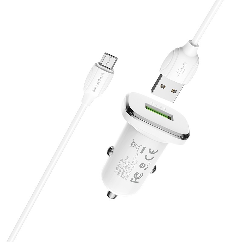 I Borofone Ładowarka samochodowa BZ12A Lasting Power - USB - QC 3.0 18W 3A z kablem USB na Micro USB biała #ŁAD001380