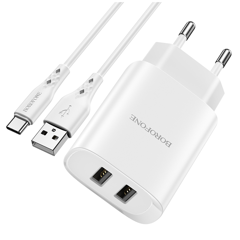 I Borofone Ładowarka sieciowa BN2 Super - 2xUSB - 2,1A z kablem USB na Typ C biała #ŁAD001401
