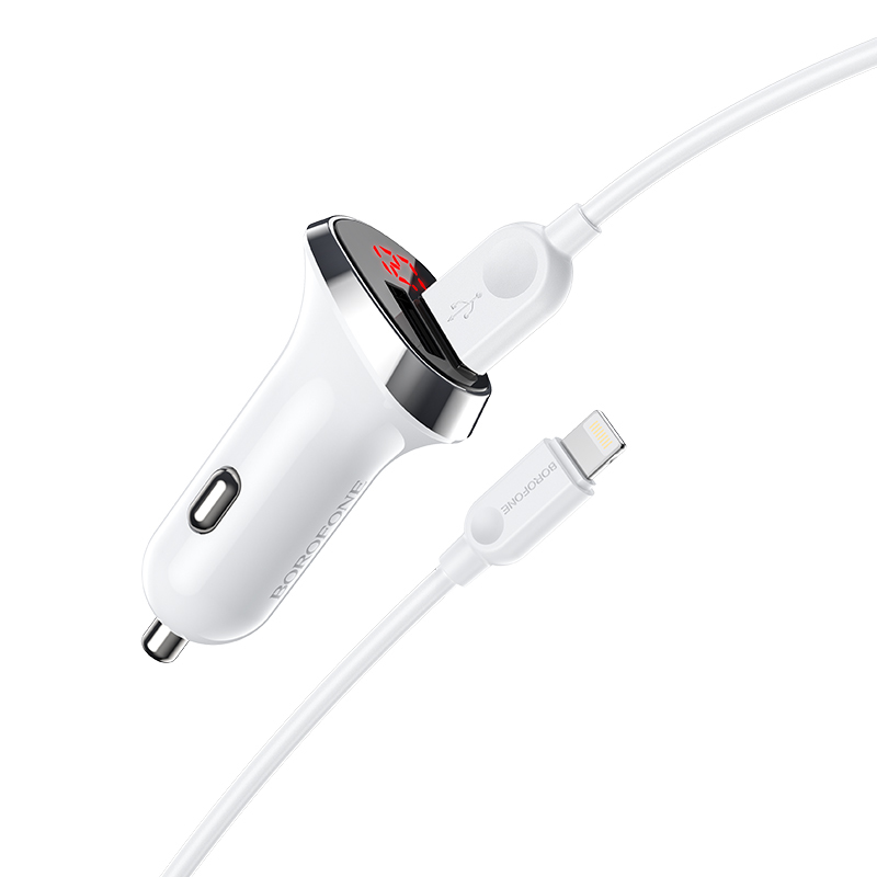 I Borofone Ładowarka samochodowa BZ15 Auspicious - 2xUSB - 2,4A z kablem USB na Lightning biała #ŁAD001436