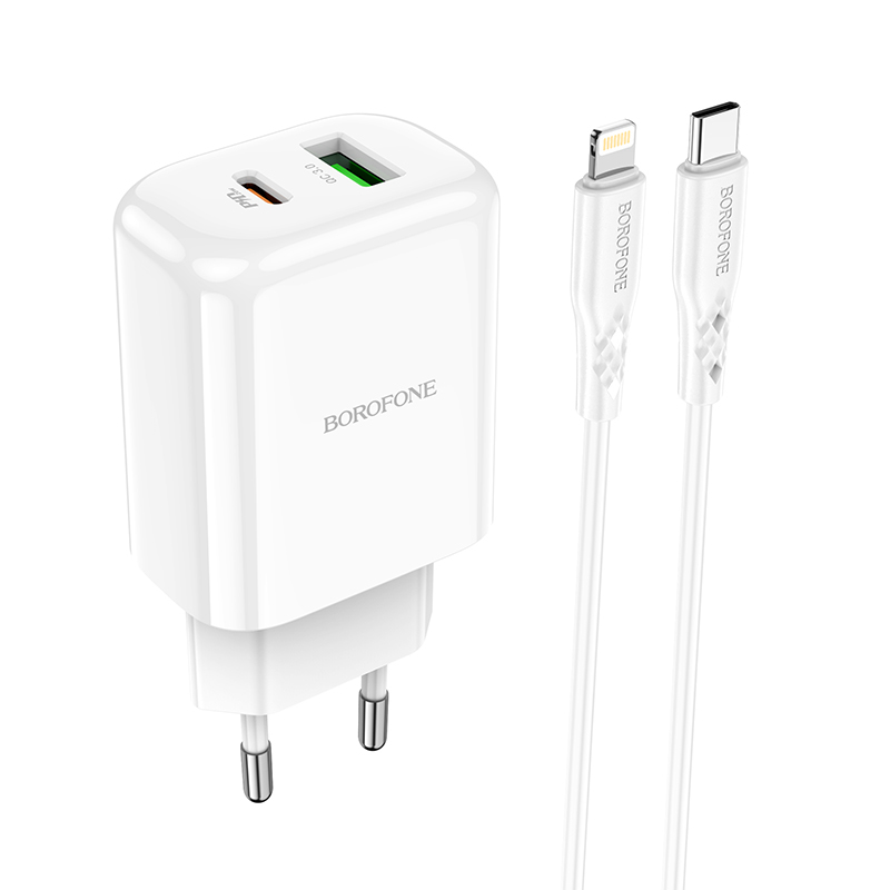 I Borofone Ładowarka sieciowa BN4 Potential - USB + Typ C - QC 3.0 PD 2.0 20W z kablem Typ C na Lightning biała #ŁAD001378