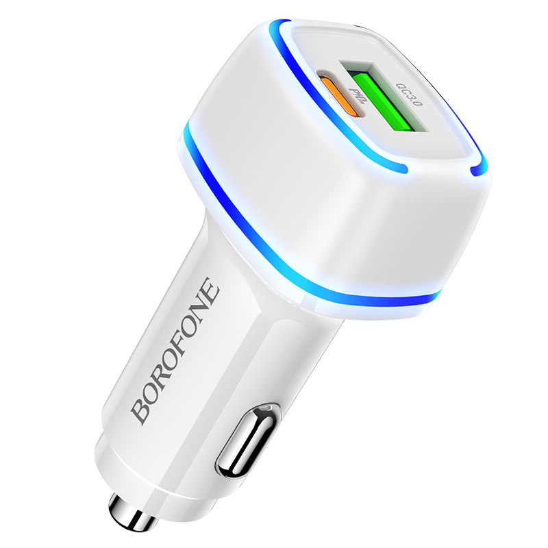 I Borofone Ładowarka samochodowa BZ14A Mercury - USB + Typ C - QC 3.0 PD 20W 3A biała #ŁAD001383