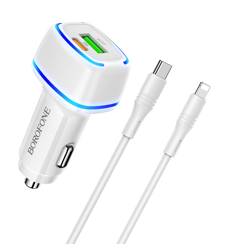 I Borofone Ładowarka samochodowa BZ14A Mercury - USB + Typ C - QC 3.0 PD 20W 3A z kablem Typ C na Lightning biała #ŁAD001385