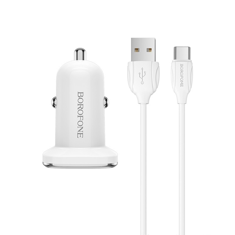I Borofone Ładowarka samochodowa BZ12 Lasting Power - 2xUSB - 2,4A z kablem USB na Typ C biała #ŁAD001184