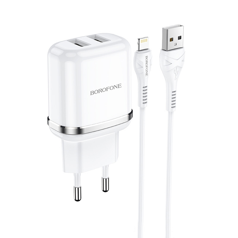 I Borofone Ładowarka sieciowa DBN4 Aspiring - 2xUSB - 2,4A z kablem USB na Lightning biała #ŁAD001499