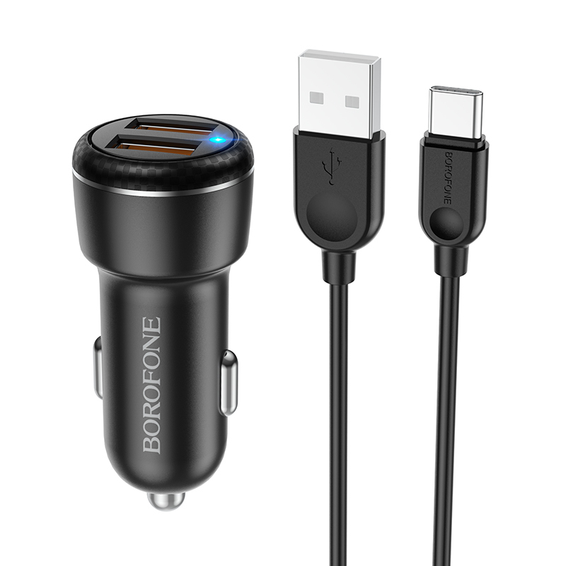 I Borofone Ładowarka samochodowa BZ17 Core - 2xUSB - QC 3.0 18W z kablem USB na Typ C czarna #ŁAD001498