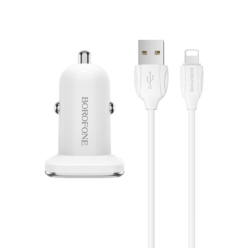 I Borofone Ładowarka samochodowa BZ12 Lasting Power - 2xUSB - 2,4A z kablem USB na Lightning biała #ŁAD001185