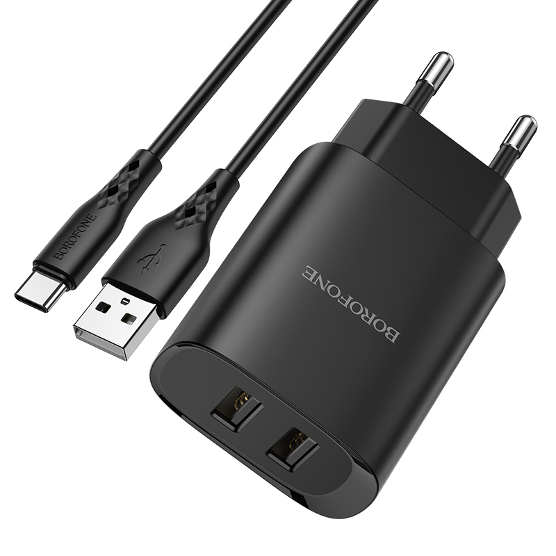 I Borofone Ładowarka sieciowa BN2 Super - 2xUSB - 2,1A z kablem USB na Typ C czarna #ŁAD001402