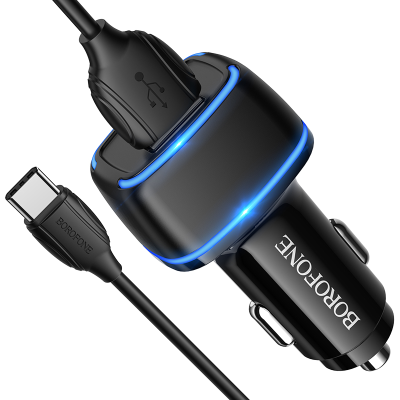 I Borofone Ładowarka samochodowa BZ14 Max - 2xUSB - 2,4A z kablem USB na Typ C czarna #ŁAD001446