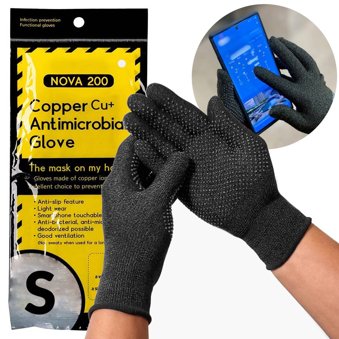 I Rękawiczki Antybakteryjne Obsługa Telefonu NOVA Gloves 200 czarne Rozm. S #71819-uniw