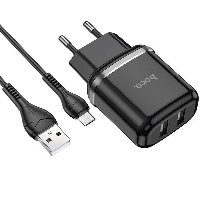 I Ładowarka Sieciowa 2,4A 2xUSB + Kabel 1m Micro USB Hoco N4 Smart Dual USB czarna #72067-uniw