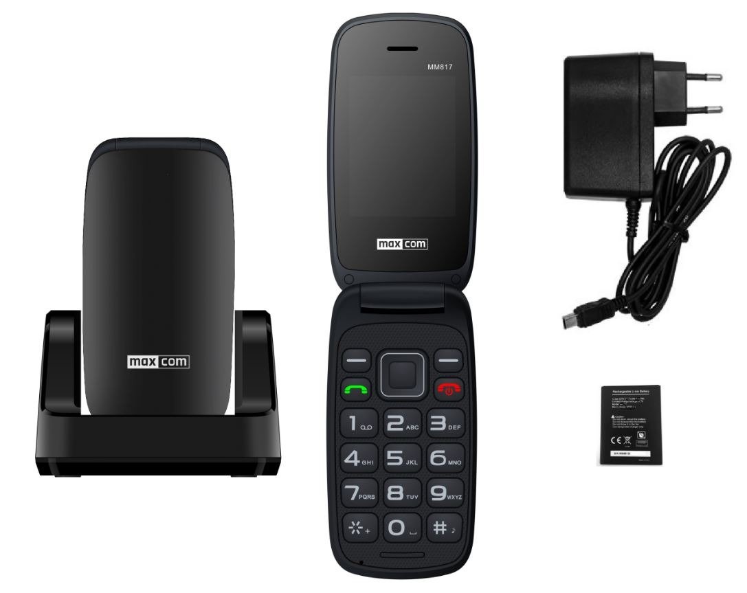 I Telefon komórkowy z klapką MAXCOM MM817 dla seniora stacją ładująca czarny #68130-uniw